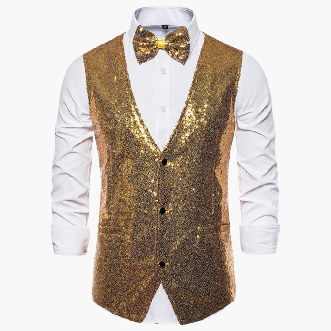 Glitrende vest til mænd, komplet med matchende butterfly. Ideel til fest, bryllup & gallatøj.