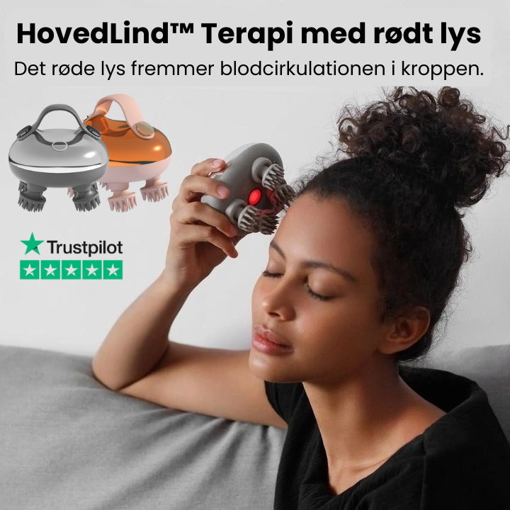 Afslappende hovedmassageapparat mod hovedpine & stress. Trådløs, vandtæt med rødlysterapi til hovedbunden.