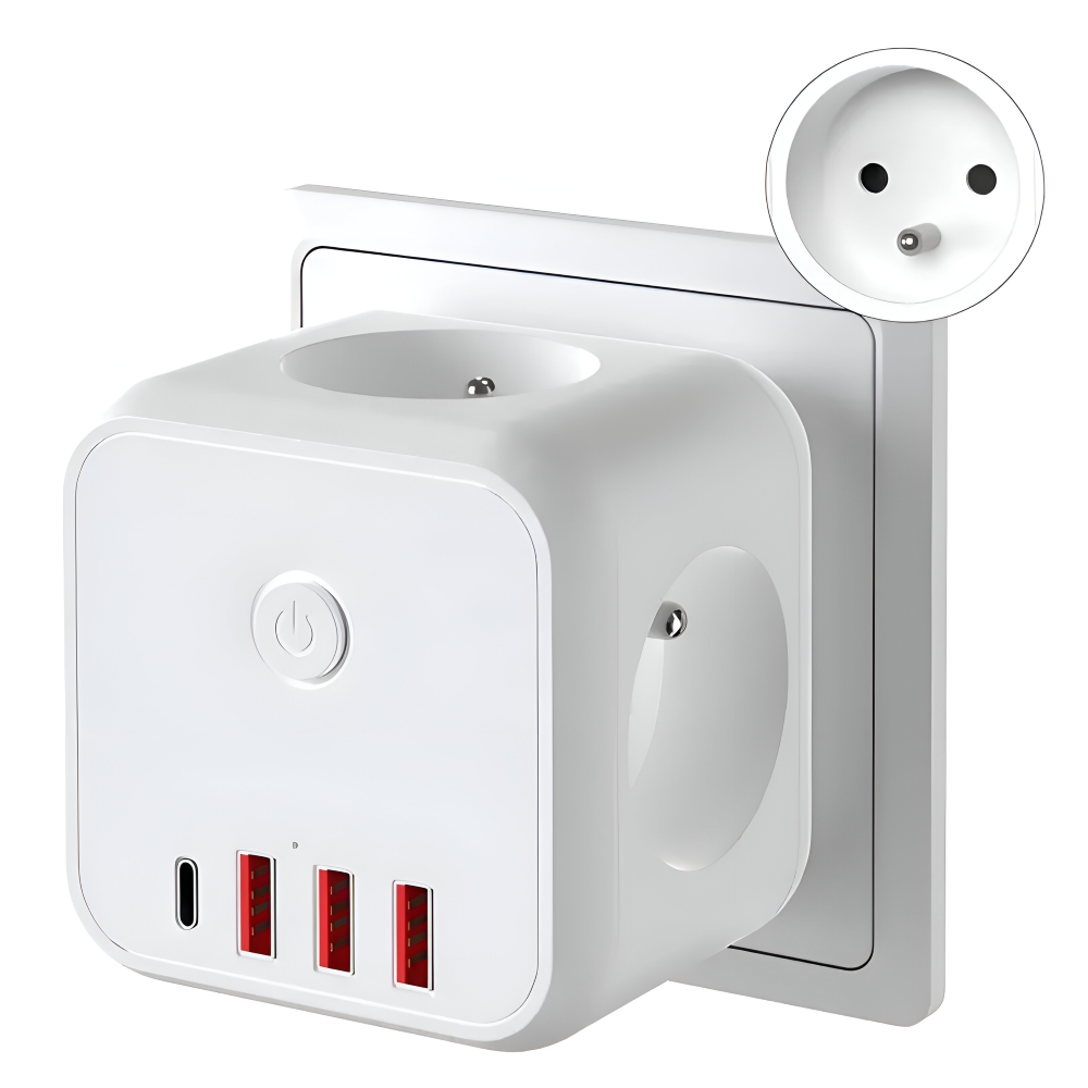 Hvid 7-i-1 stikdåse med USB-C & USB-A porte. Ideel overspændingsbeskyttelse til hjemmekontoret og opladning.