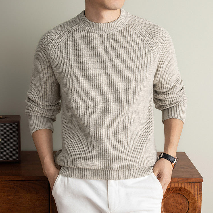 Herre Ribstrikket Sweater med Rund Hals og Løs Pasform