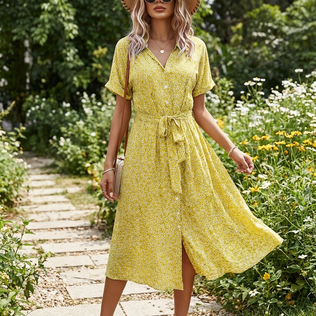 Stilfuld dame sommerkjole med livligt blomsterprint, bindebælte og knapdetaljer for et frisk look.