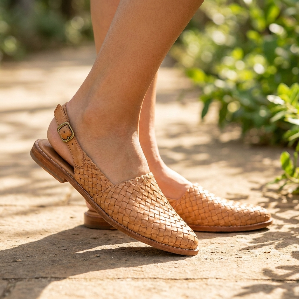 Dame sandaler med flettet design og lukket tå. Elegant komfortsko til sommer og hverdag.