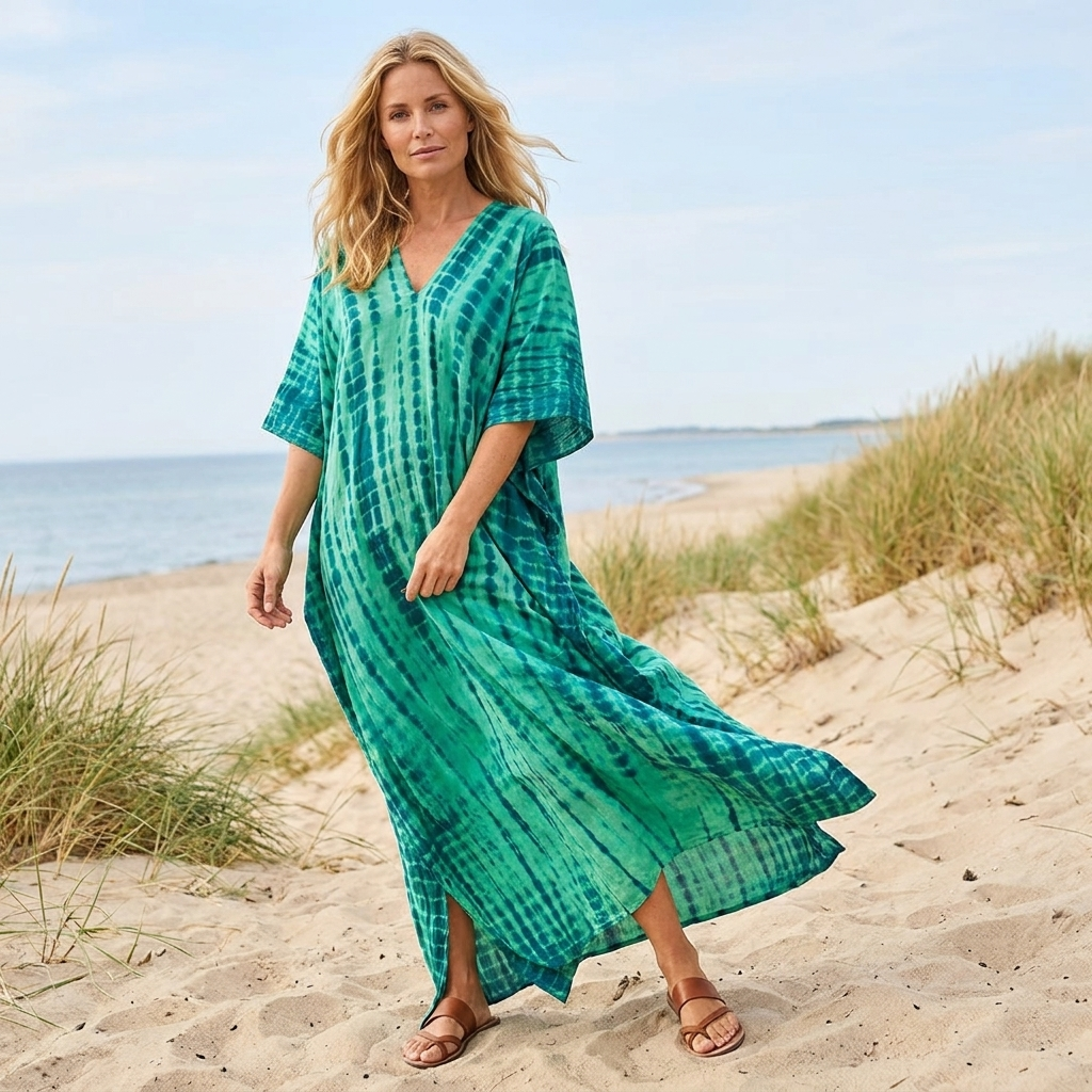 Kvinde boheme maxi sommerkjole med løs pasform, farverigt print og luftig feriestil.