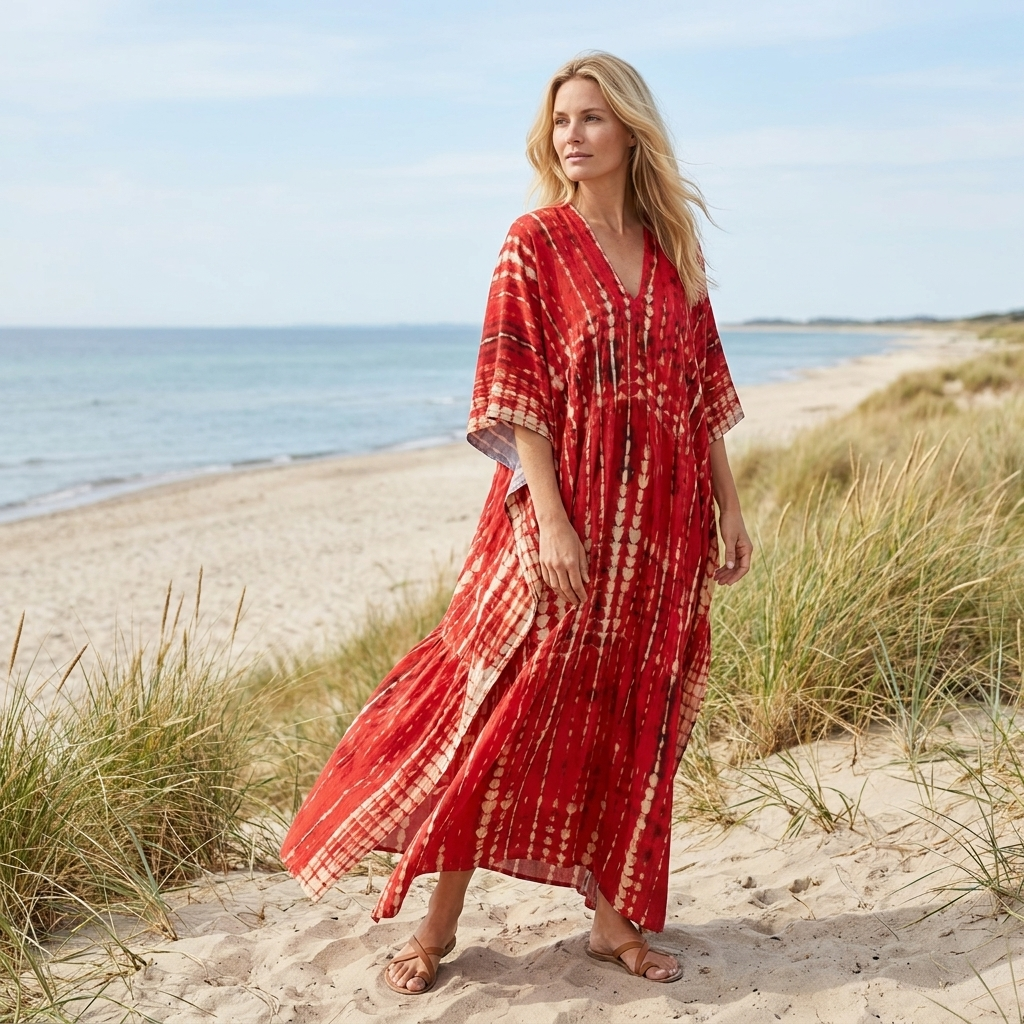 Boheme maxi sommerkjole til kvinder med dyb V-udskæring, farverigt print og løs pasform.