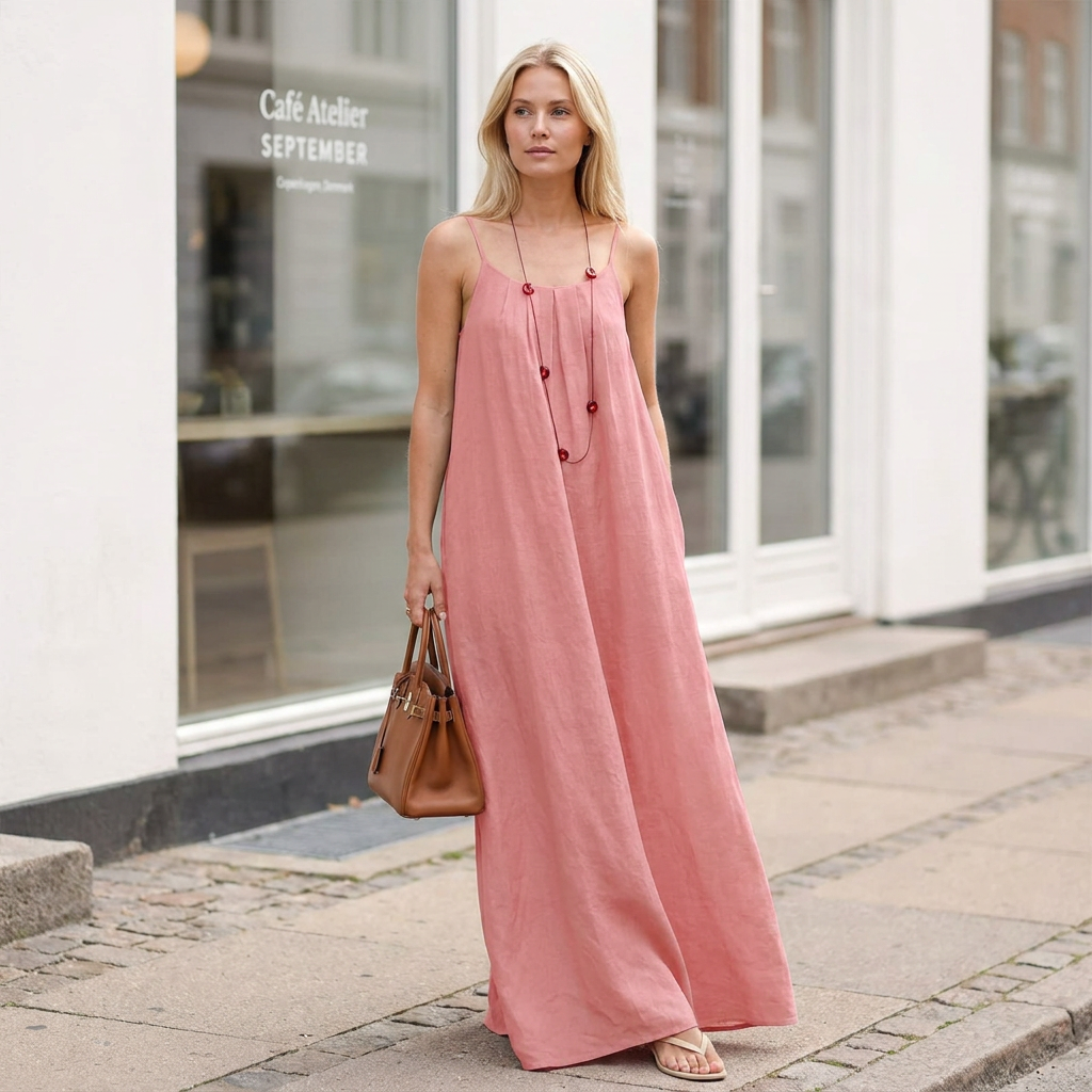 Fashion sommerkjole til kvinder, løs pasform, spaghettistropper, ensfarvet og med spænder.