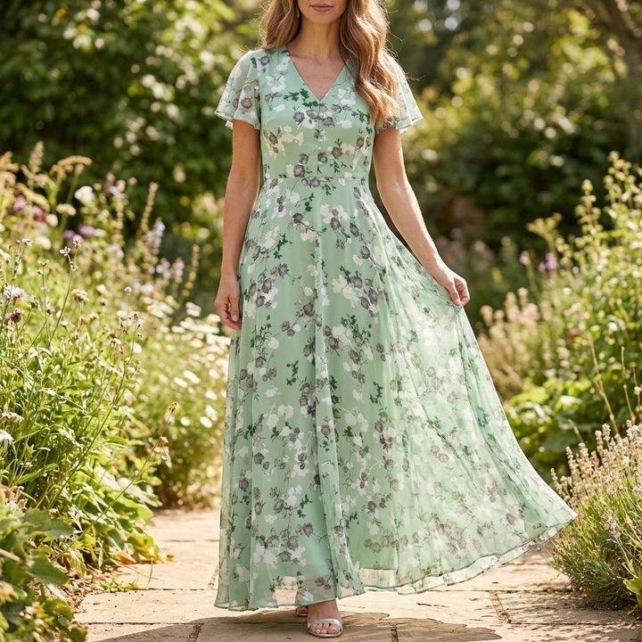 Himmelblå blomstret maxi sommerkjole med V-udskæring. Let og flydende damekjole til sommerfester.