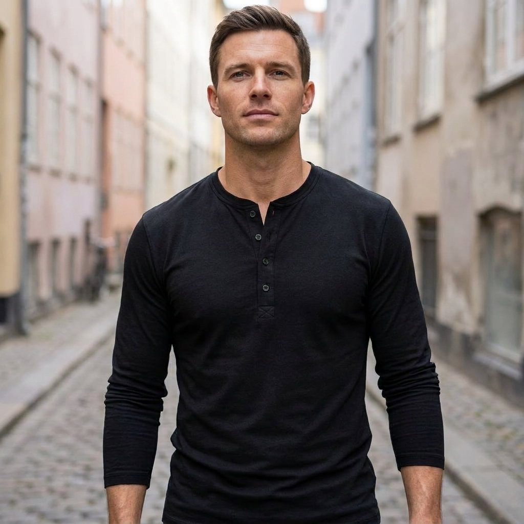 Model i mænds langærmet Henley skjorte, slim fit, afslappet og stilrent look til herretøj.