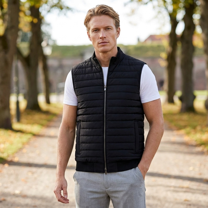Mænds letvægts quiltet vest med elegant design. Varm og behagelig til alle hverdagens anledninger.