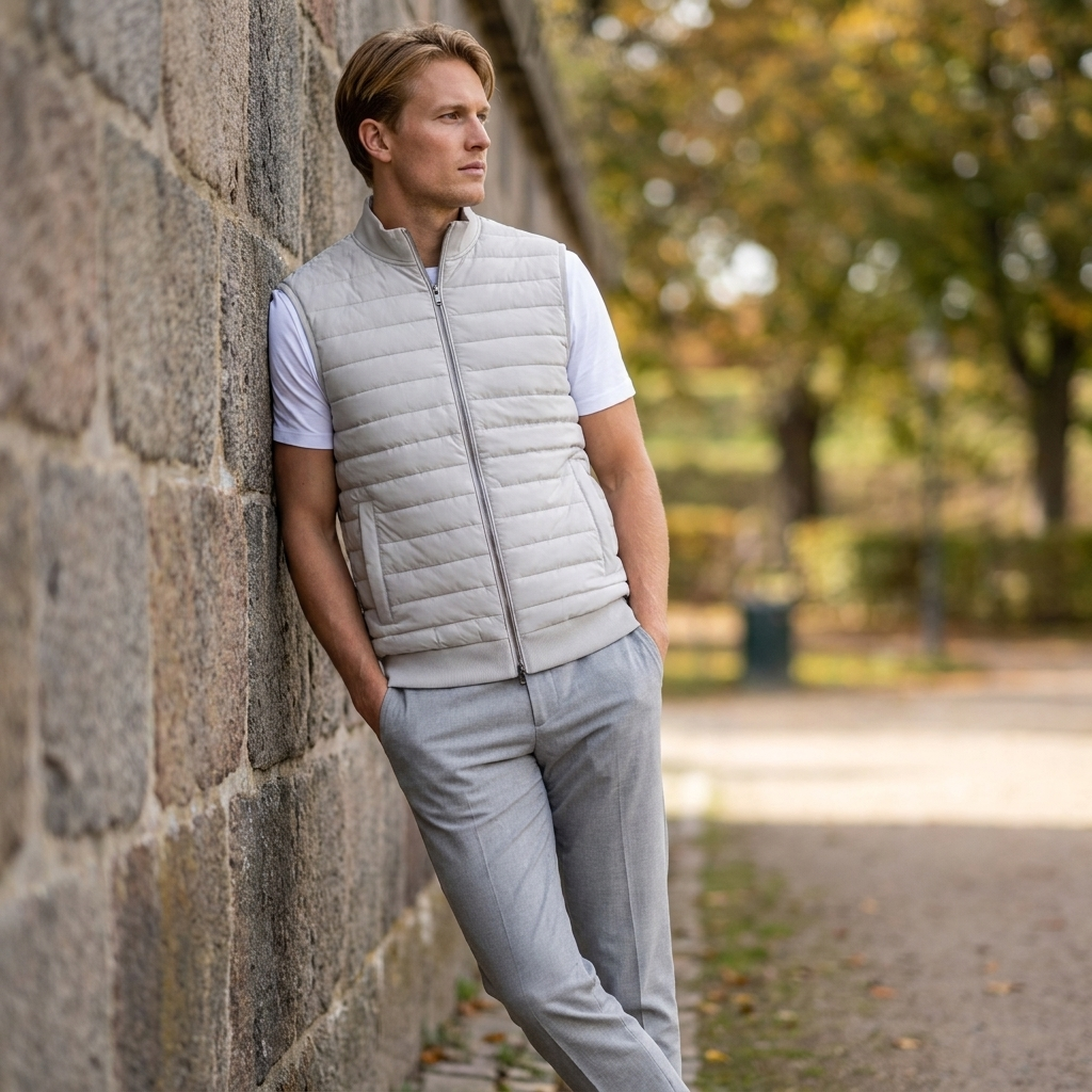 Varm og let mænds quiltet vest. En komfortabel hverdagsfavorit til overgangsvejr og vinter.