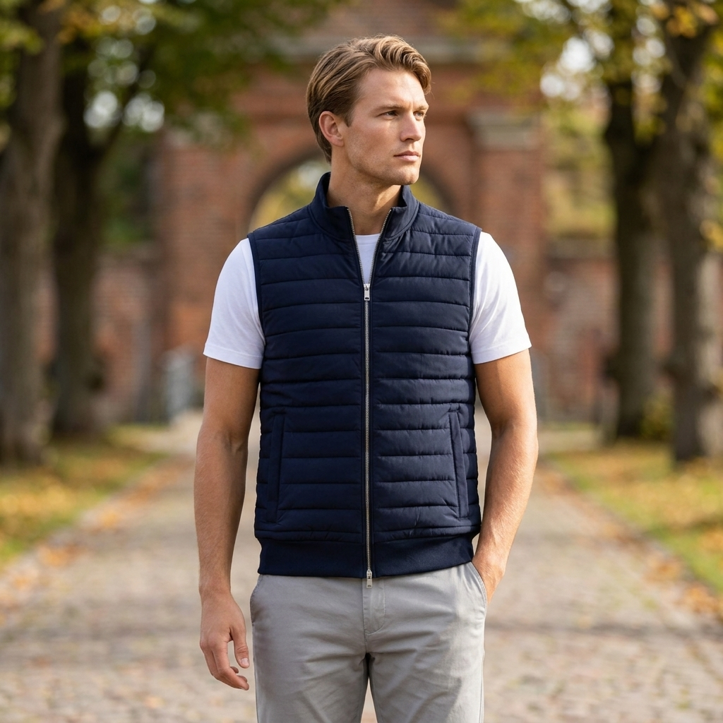 Stilfuld mænds casual quiltet vest. Ideel til hverdagsbrug, giver komfort og et moderne look.
