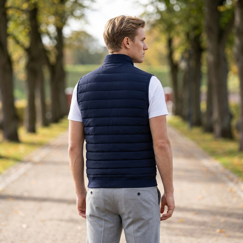 Varm mænds letvægts vest til efterår og vinter. Quiltet design for komfort og stil i hverdagen.
