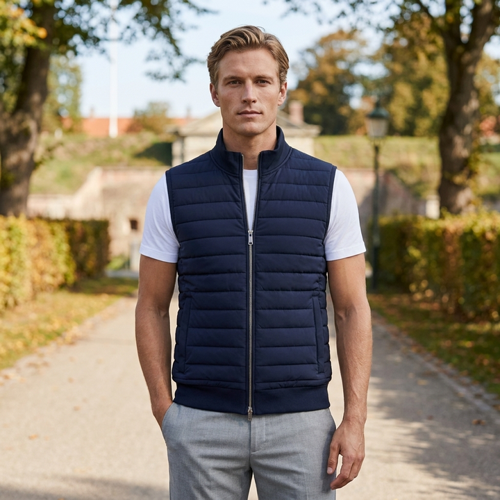 Mænds komfortabel quiltet vest. Perfekt til en stilfuld hverdagsstil i efterår og vinter.
