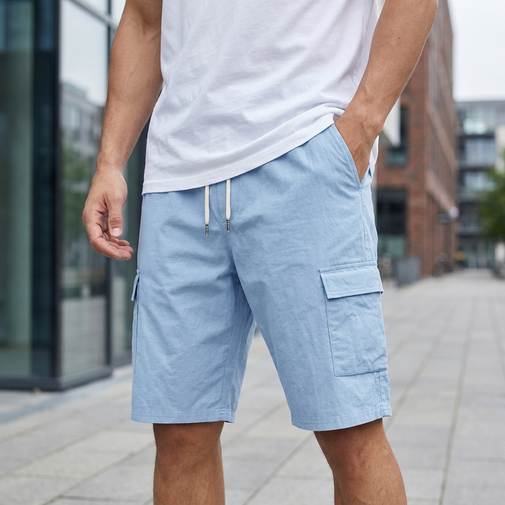 Nærbillede af robust stof på grønne bermudashorts. Fremhæver detaljer fra cargolommerne.