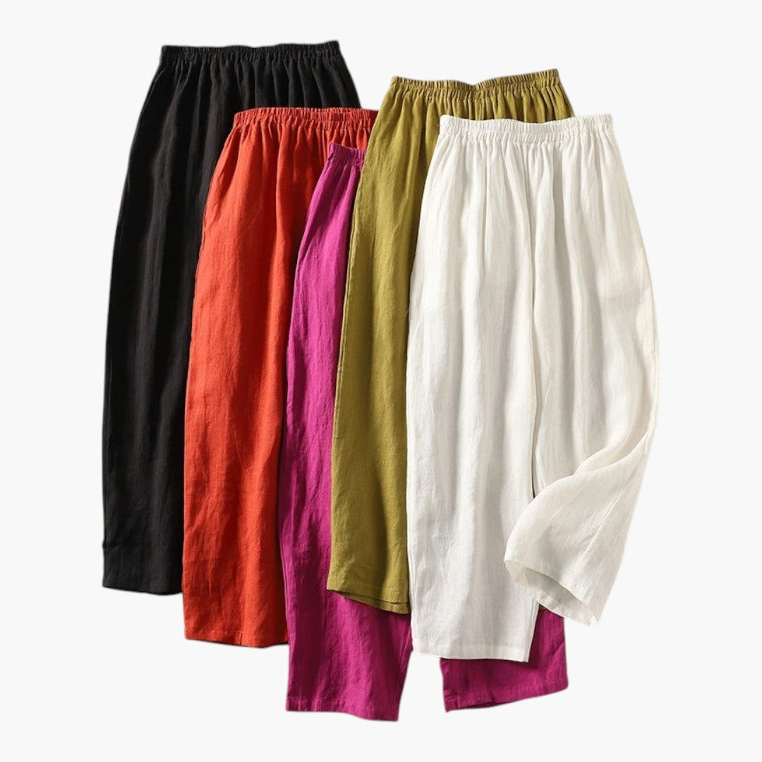Åndbare bomuldslinnedbukser til kvinder, med elastisk talje og lommer for ultimativ komfort hele sommeren.