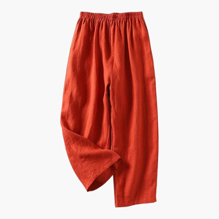 Kvinders løse linnedbukser med elastisk talje og praktiske lommer, perfekte til sommer.