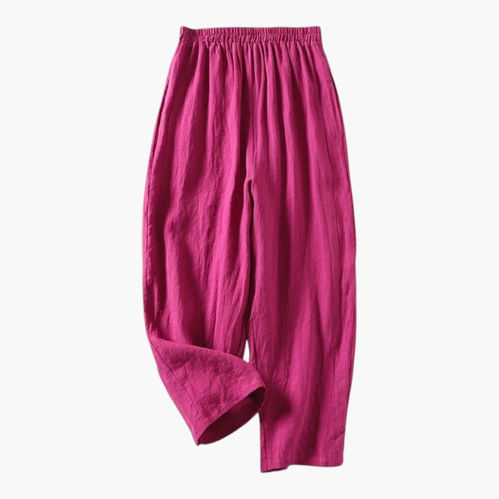 Plus size kvinders linnedbukser til hverdagsbrug, med elastisk talje og lommer for komfort og funktionalitet.