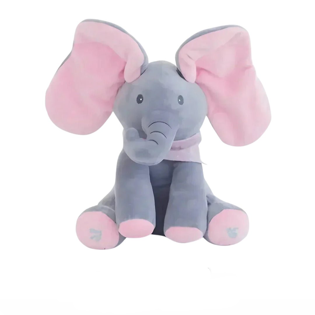 Blå og lyserød interaktiv syngende elefant bamse med bevægelige ører. Et sjovt plysdyr.