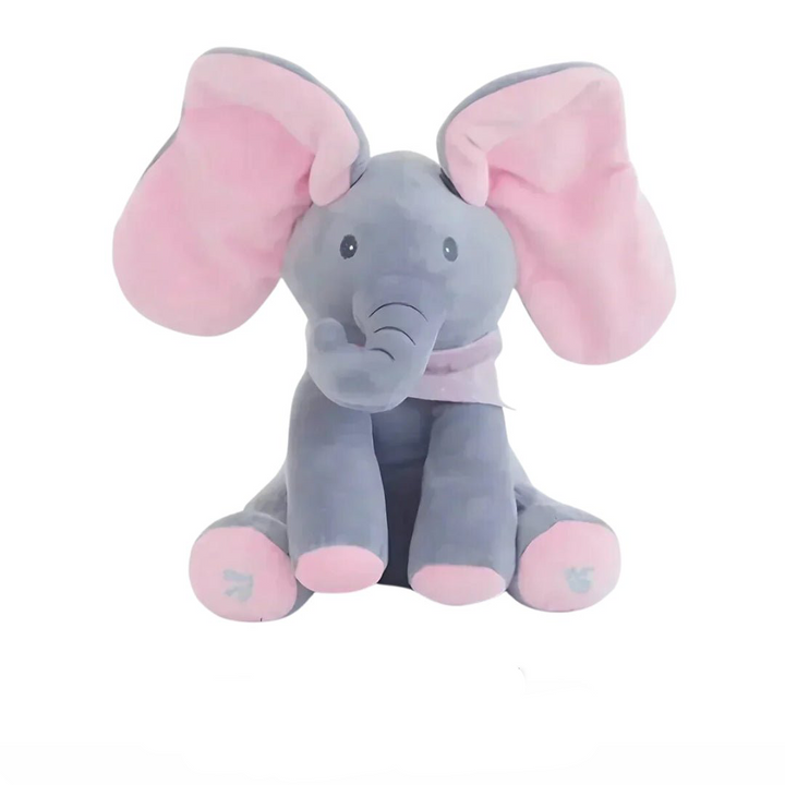 Blå og lyserød interaktiv syngende elefant bamse med bevægelige ører. Et sjovt plysdyr.