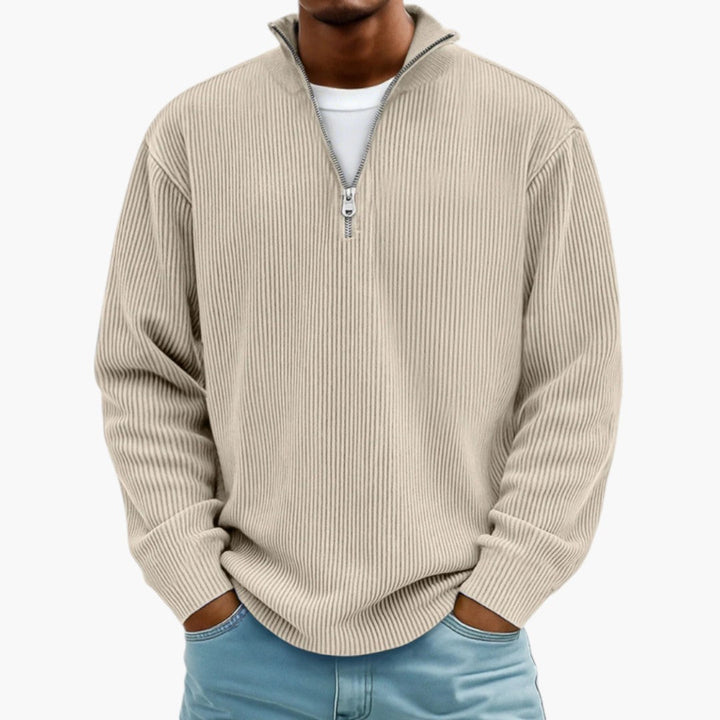 Komfortabel herresweater med lynlåskrave i blødt materiale, perfekt til kølige dage.