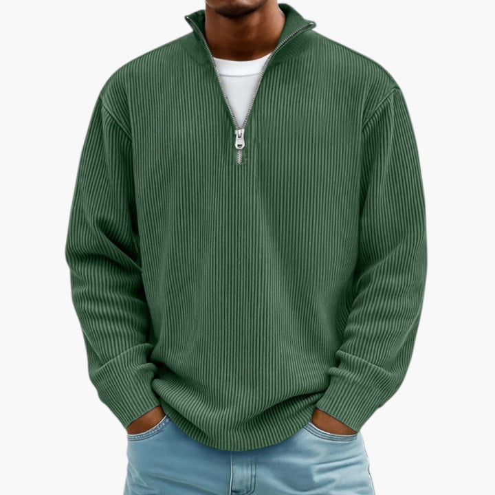 Afslappet herresweater med lynlåskrave, ideel til hverdag, arbejde og sociale arrangementer.