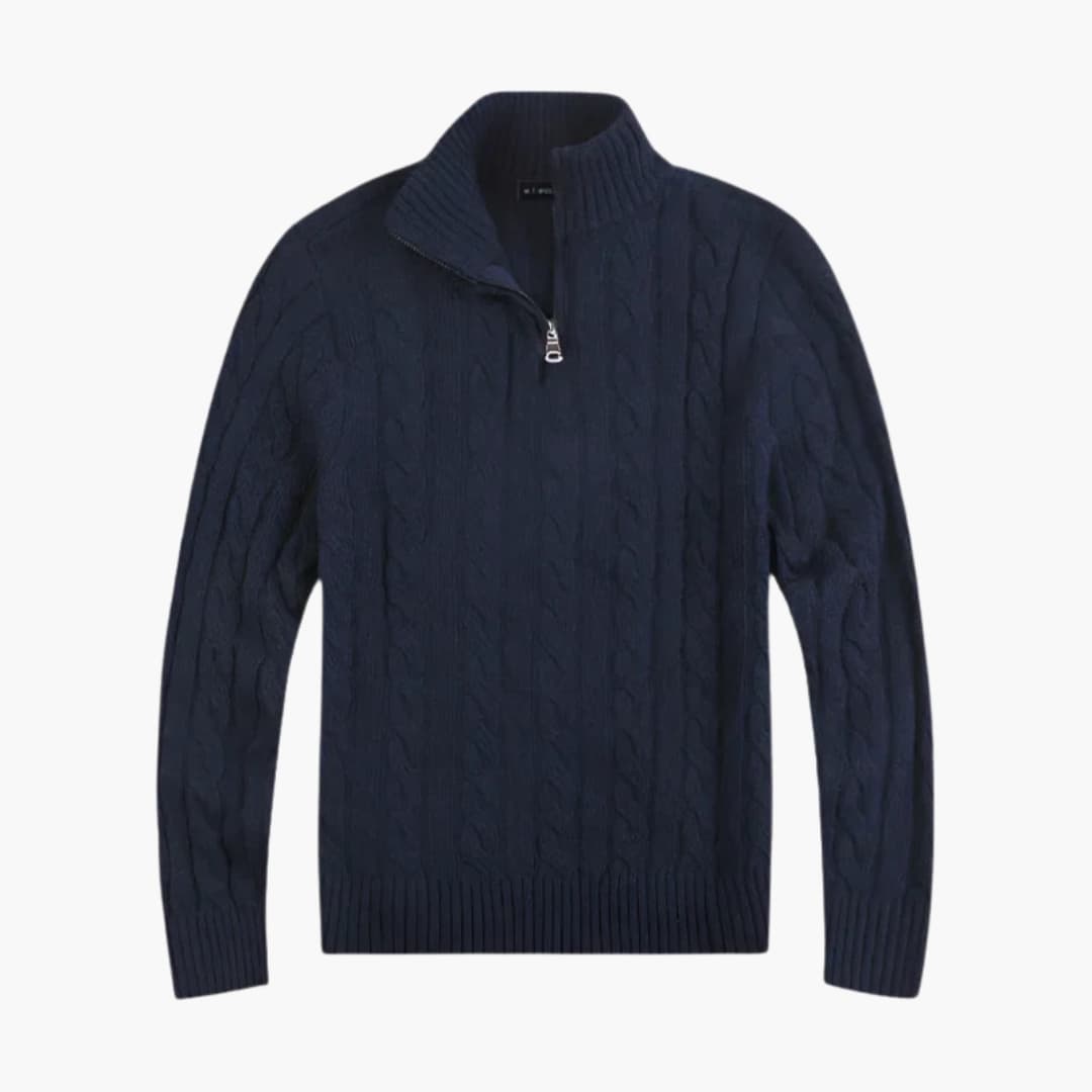 Blød halv-zip striktrøje til mænd med elegant snoet mønster. Varm og behagelig efterårs/vintermode.