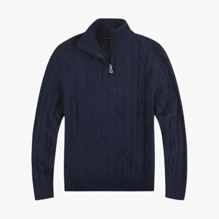 Blød halv-zip striktrøje til mænd med elegant snoet mønster. Varm og behagelig efterårs/vintermode.