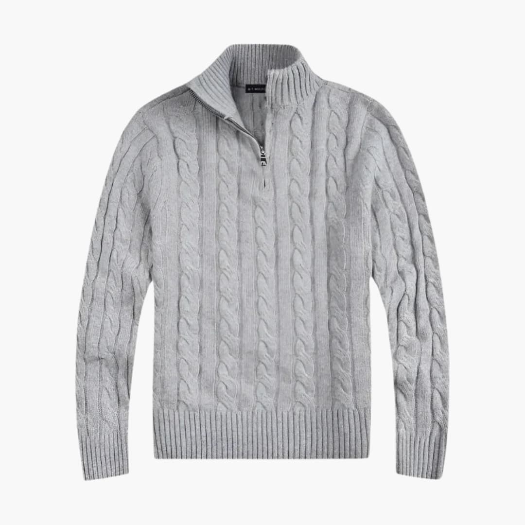 Mænds halv-zip trøje i snoet strikdesign, perfekt til efterår/vinter. Behagelig herremode.