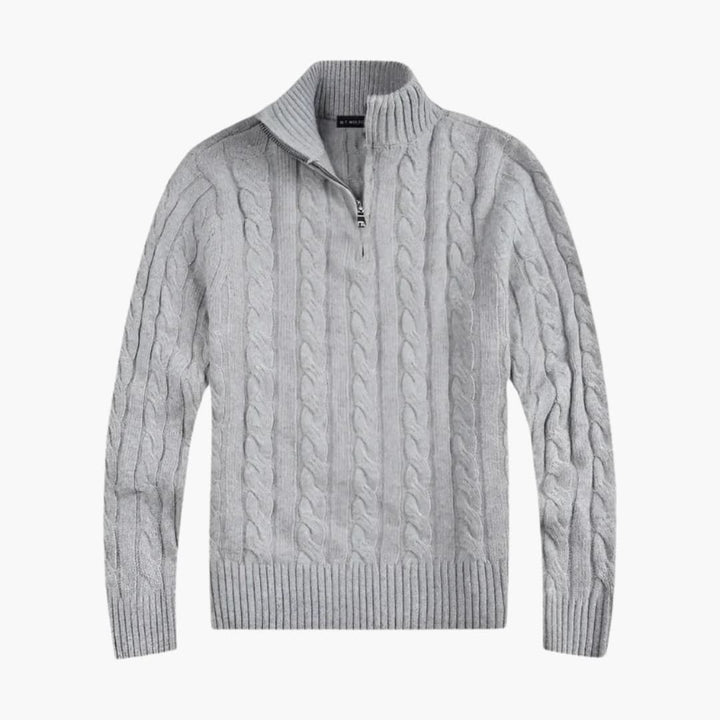 Mænds halv-zip trøje i snoet strikdesign, perfekt til efterår/vinter. Behagelig herremode.