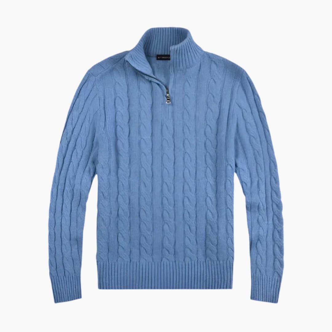Stilfuld herretrøje med halv-zip og unikt snoet strik. Ideel til casual vintermode.
