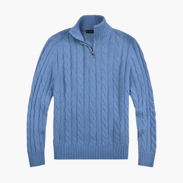 Stilfuld herretrøje med halv-zip og unikt snoet strik. Ideel til casual vintermode.