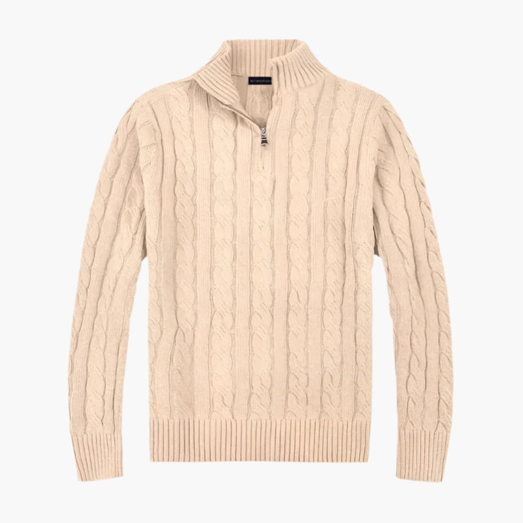 Komfortabel herre halv-zip trøje i tidløst snoet strik. Alsidig til casual og vinterbrug.