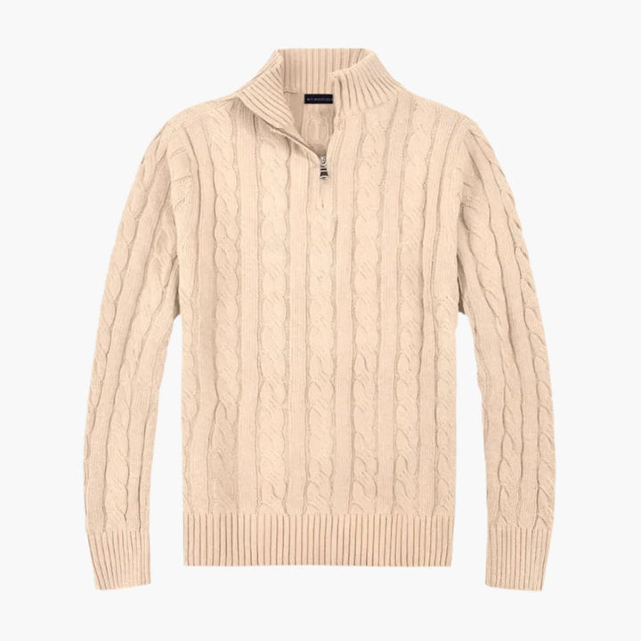 Komfortabel herre halv-zip trøje i tidløst snoet strik. Alsidig til casual og vinterbrug.