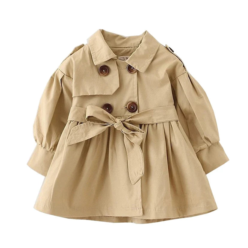 Khaki pige trenchcoat med krave. Klassisk børnejakke og vindjakke, ideel for forår og efterår.