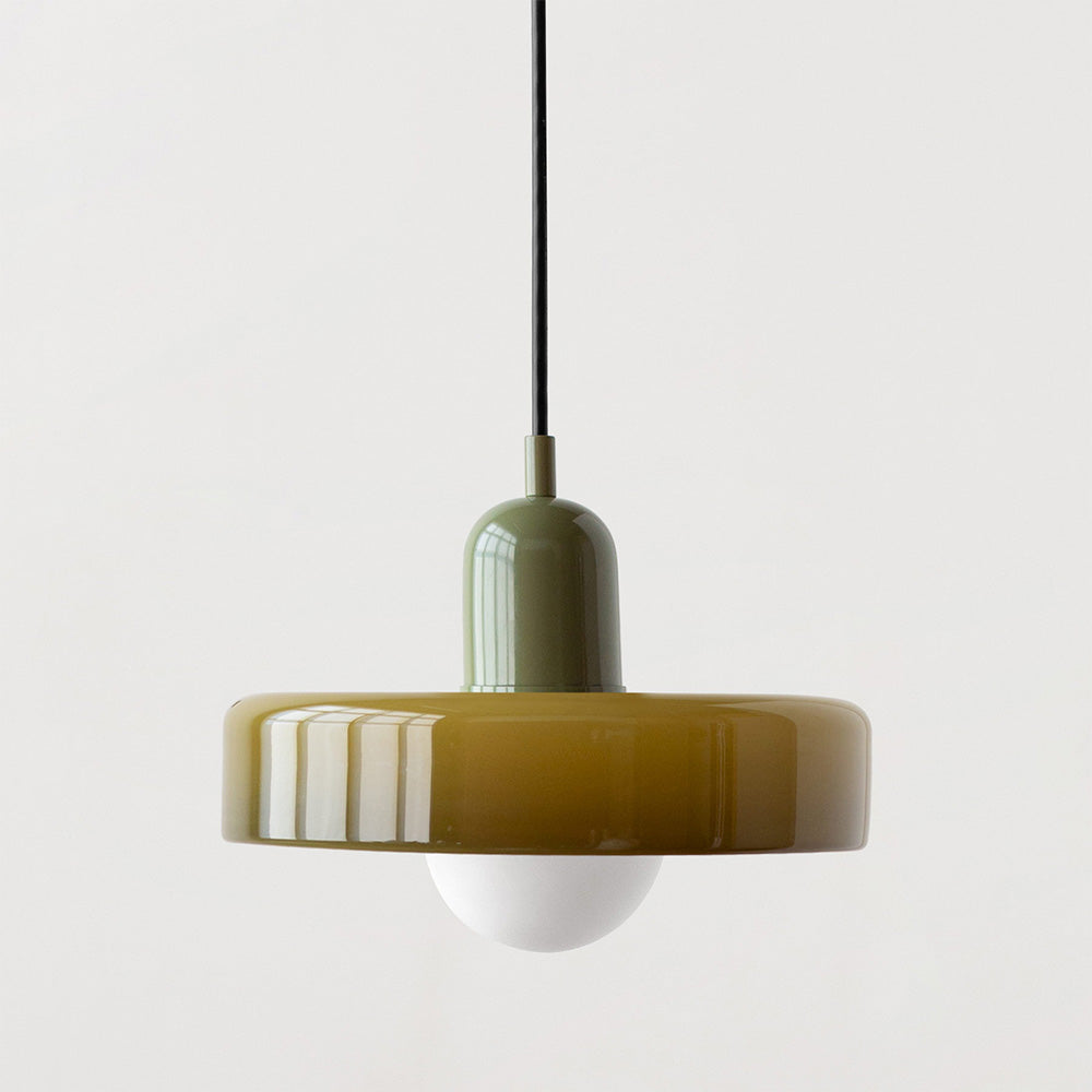 Loftslampe i farvet glas. Bauhaus-inspireret, ideel til stemningslys.