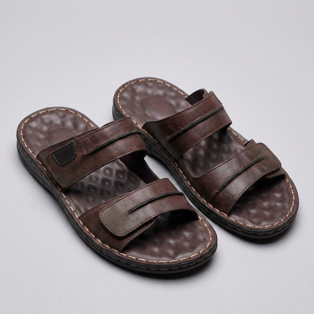 Sidebillede af sporty herre sandaler med robust antiskrid sål og justerbare stropper.