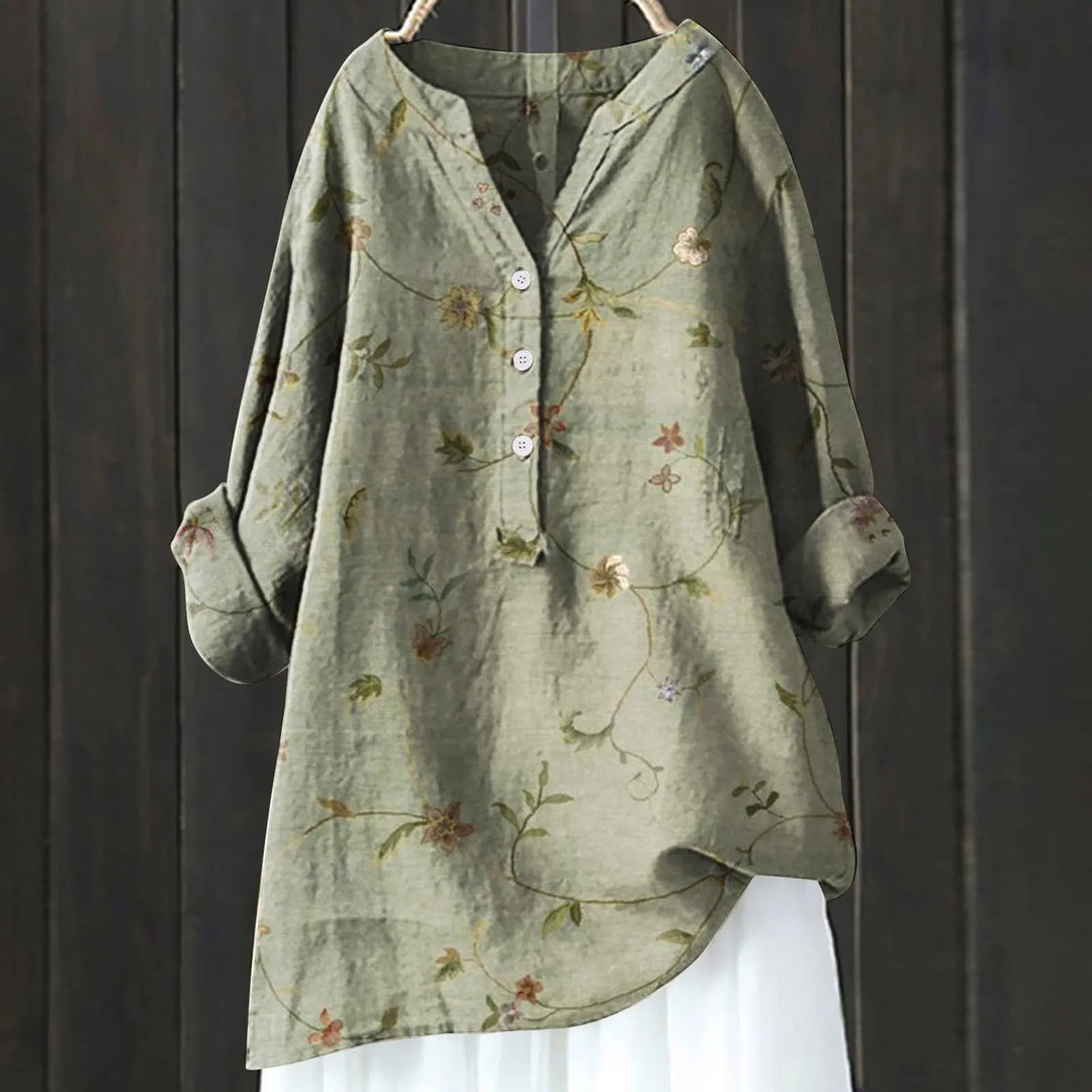 Kvinder's bomuld-hør skjortekjole. Elegant midikjole med flot blomsterprint til forår og sommer.