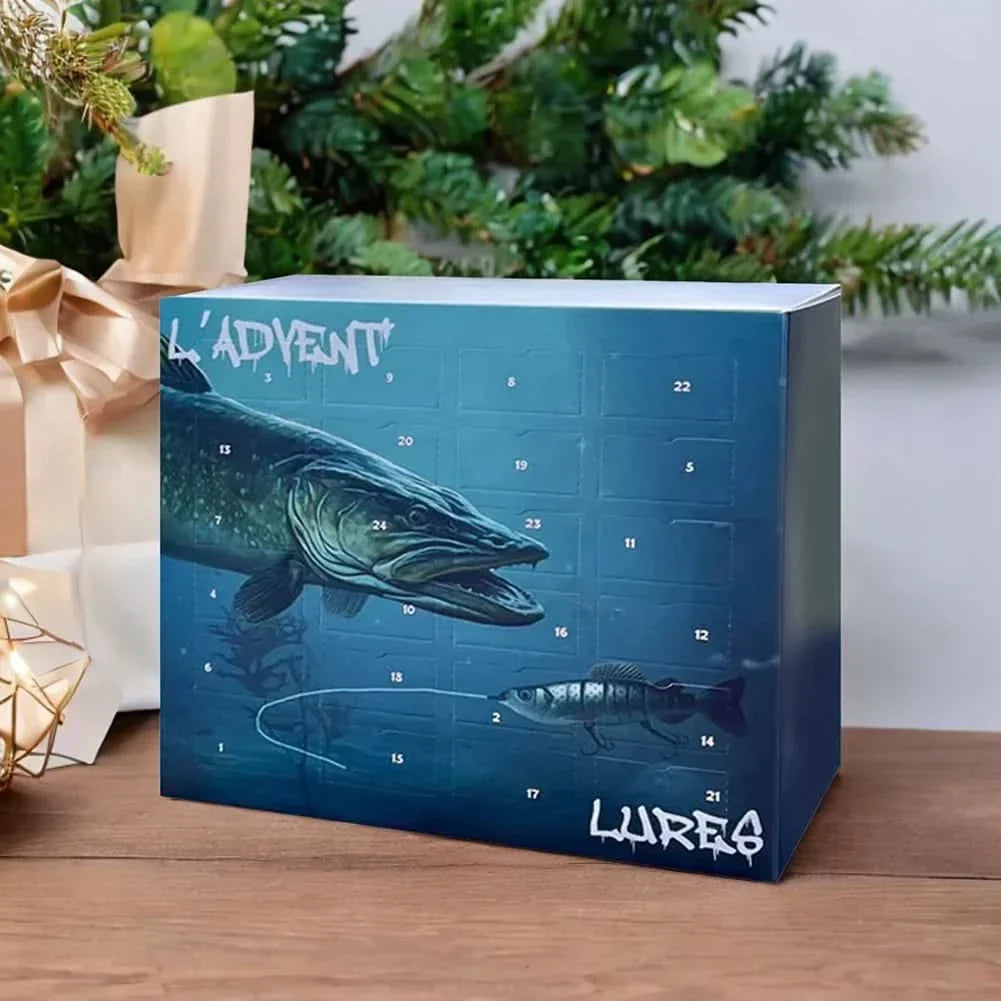 Julens fiskegn adventskalender. 24 lystfiske-grej for fiskeri i ferskvand og saltvand. Ideel gave til lystfisker-hobby.