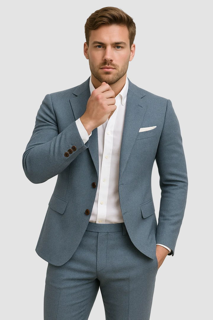 Elegant herresæt slim fit med blazer og bukser, perfekt til sommerfester og formelle anledninger.
