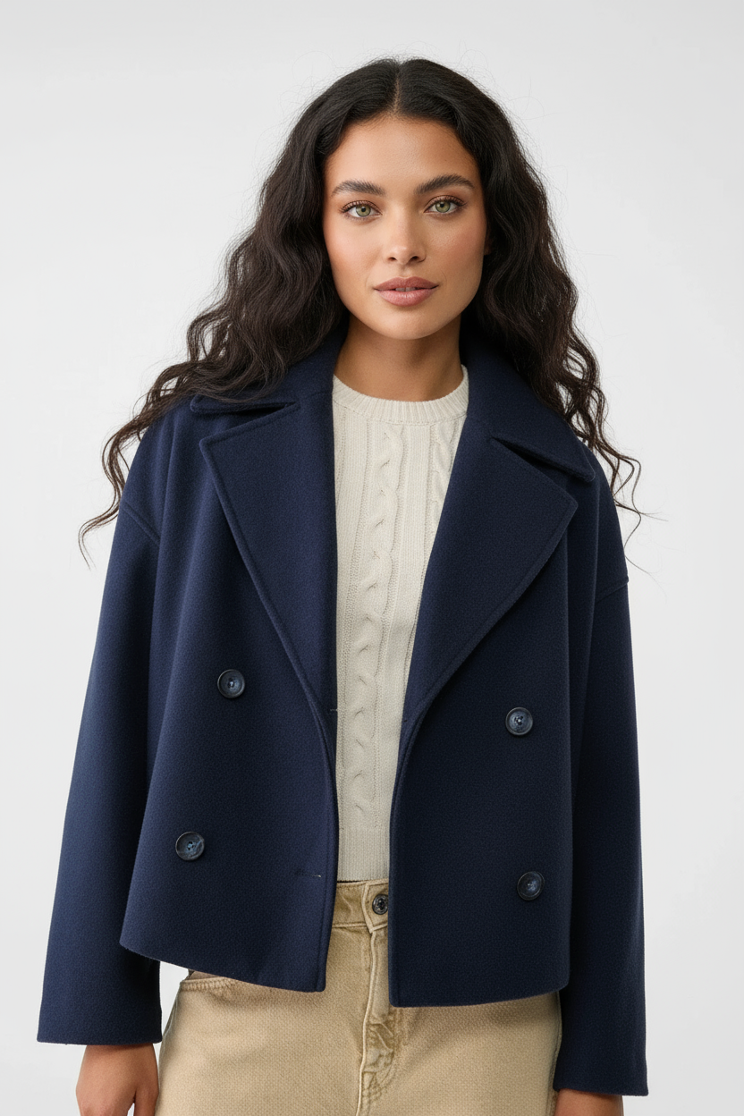 Alsidig kort damejakke, cropped og med dobbeltknapper. Kan styles elegant til både hverdag og fest.