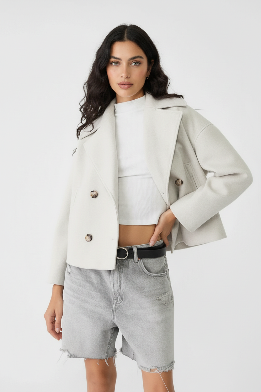 Kort damejakke, cropped design med stilfuld dobbeltknaplukning. Elegant og moderne til hverdag & fest.