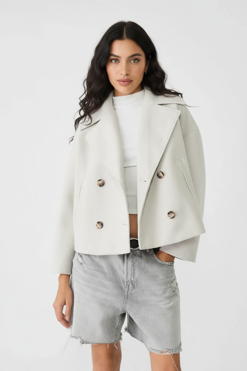 Stilfuld cropped damejakke i kort design, perfekt til hverdag og fest. Med elegante dobbeltknapper.