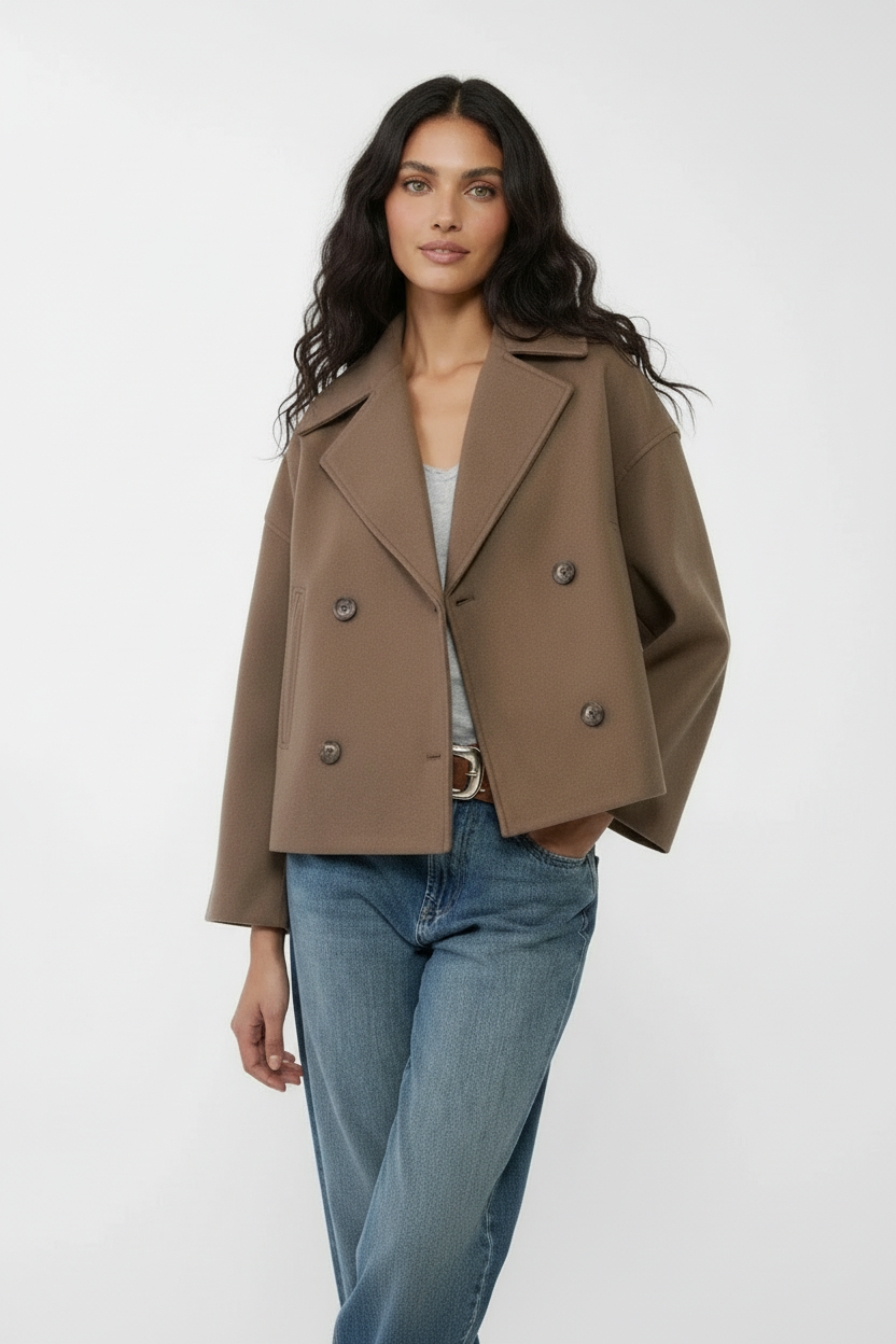 Gør et statement med denne korte cropped damejakke med dobbeltknap design. Stilfuld og chic.