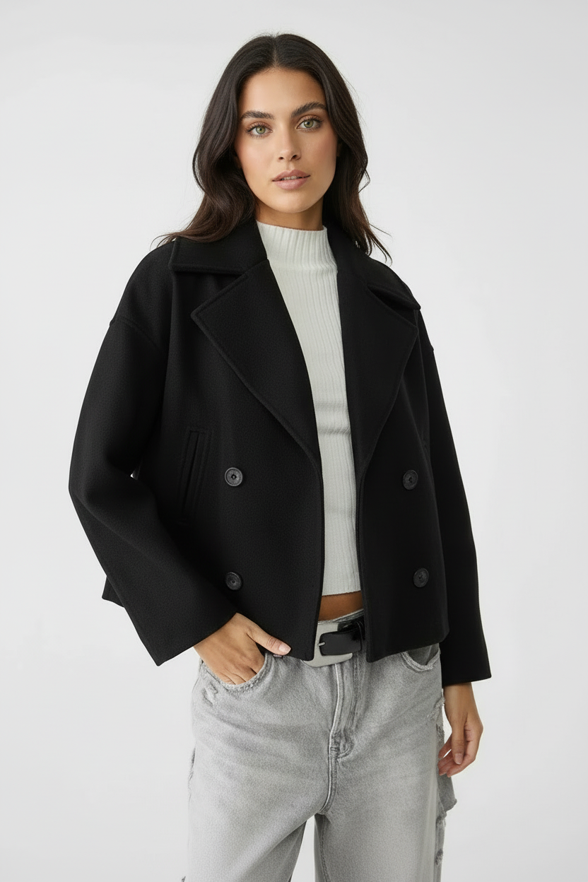 Unikt dobbeltknap design pryder denne korte cropped damejakke. Stilfuld, moderne og perfekt til dig.