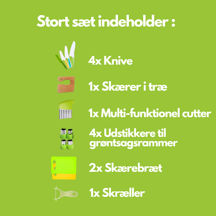 Junior kokkens drøm: Madlavningssæt i BPA-fri plast. Børnevenlige redskaber til sikker og engagerende rolleleg.