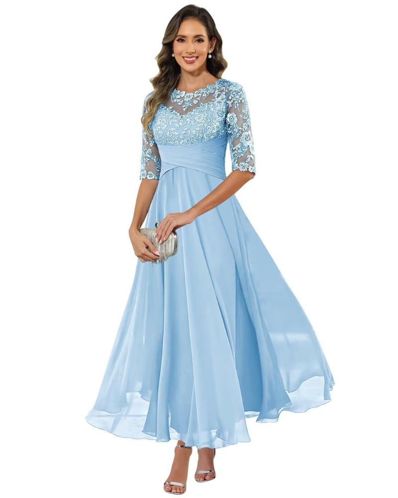 Elegant aftenkjole til kvinder i blonde og chiffon, til formelle begivenheder.