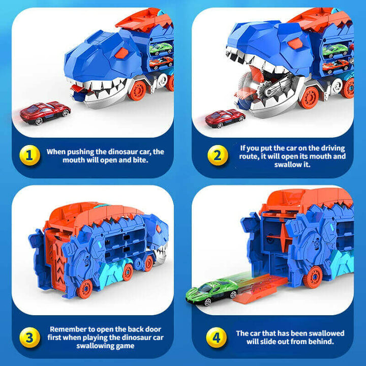 Børne racerbilstransporter 3-i-1 - Dino-lastbil & Racerbane
