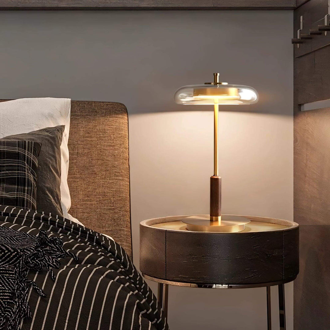 Moderne Designer Bordlampe i Glas, Træ og Metal