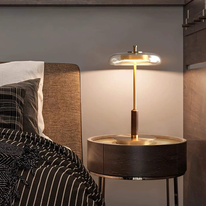 Moderne Designer Bordlampe i Glas, Træ og Metal