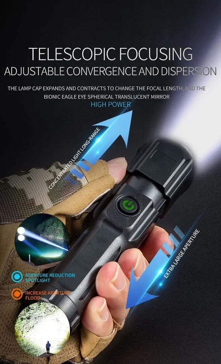 Kraftfuld LED-lommelygte med Zoom og USB-opladning