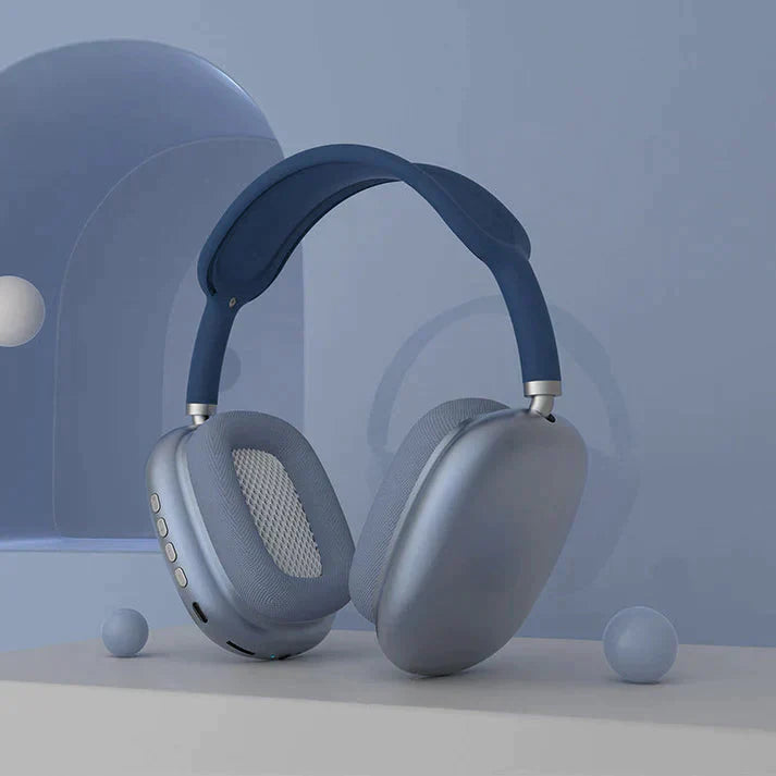 Blå AeroBeats trådløse headset med støjreduktion, ideel til musik og opkald på farten.